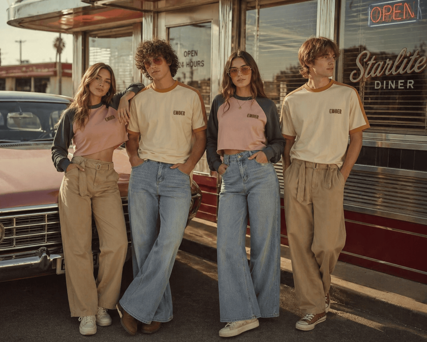1979 collection group look in front of a diner