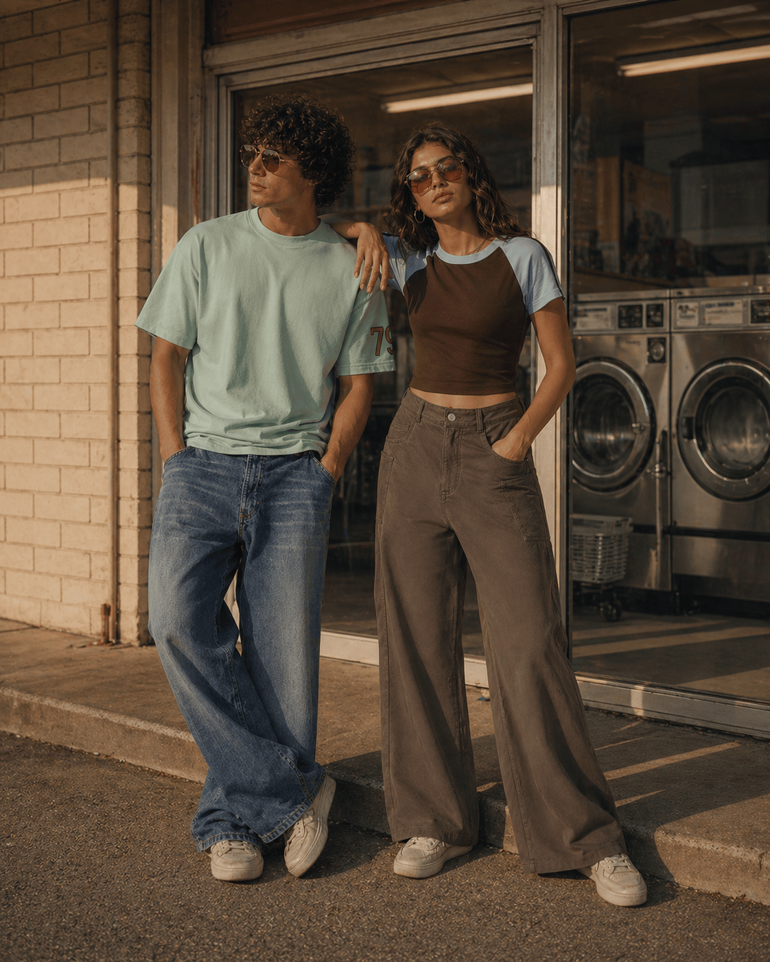 1979 collection look in front of a laundromat