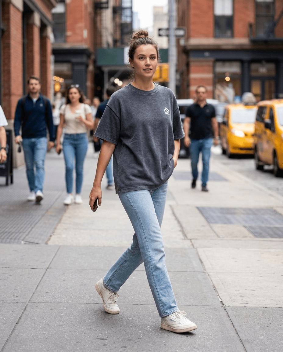 Woman wearing Basics collection in a cafe