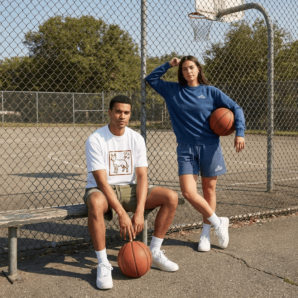 Couple on the court in Ember basketball-inspired looks