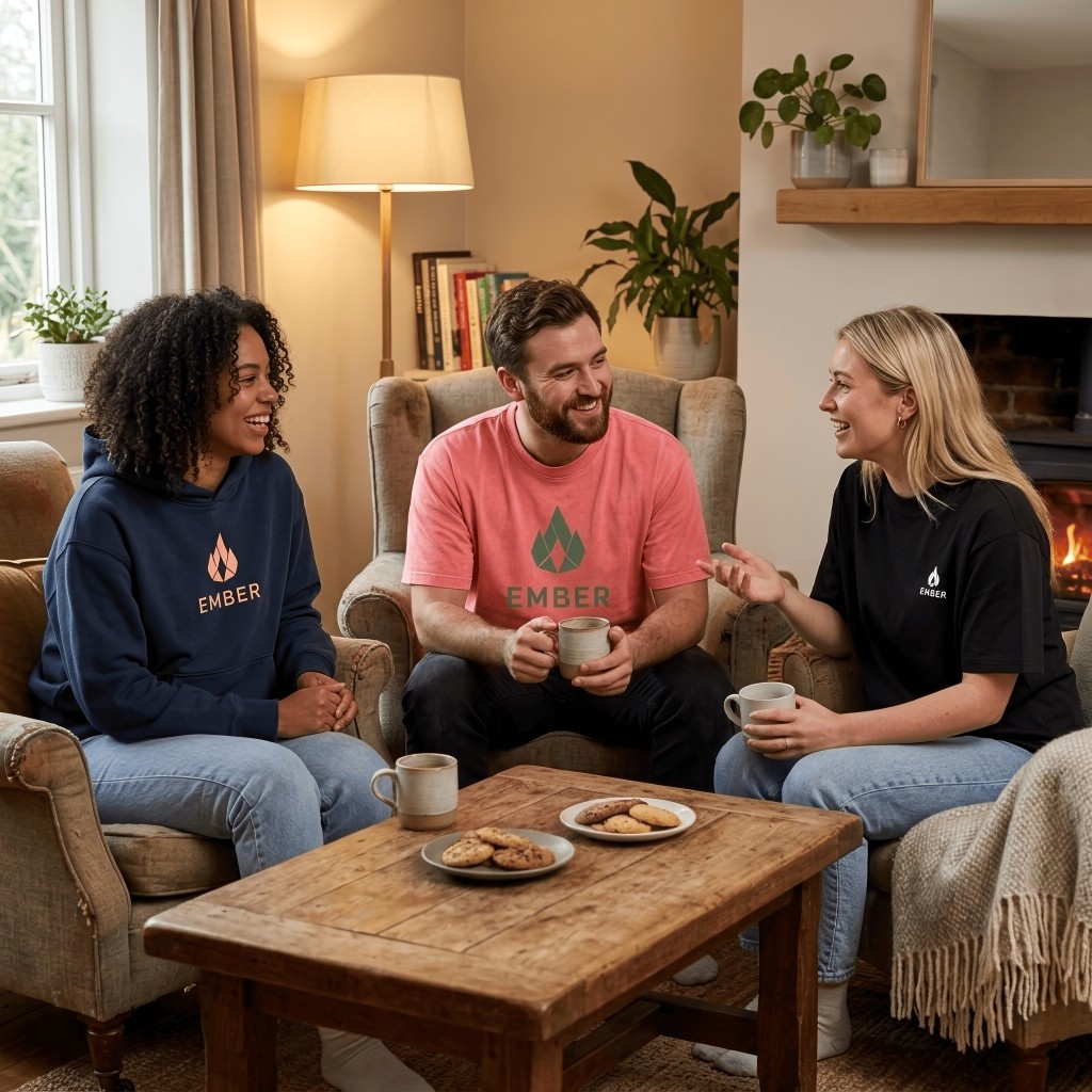 Friends wearing Geometry collection at home