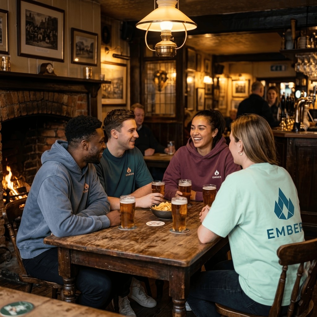 Friends wearing Geometry collection in a pub