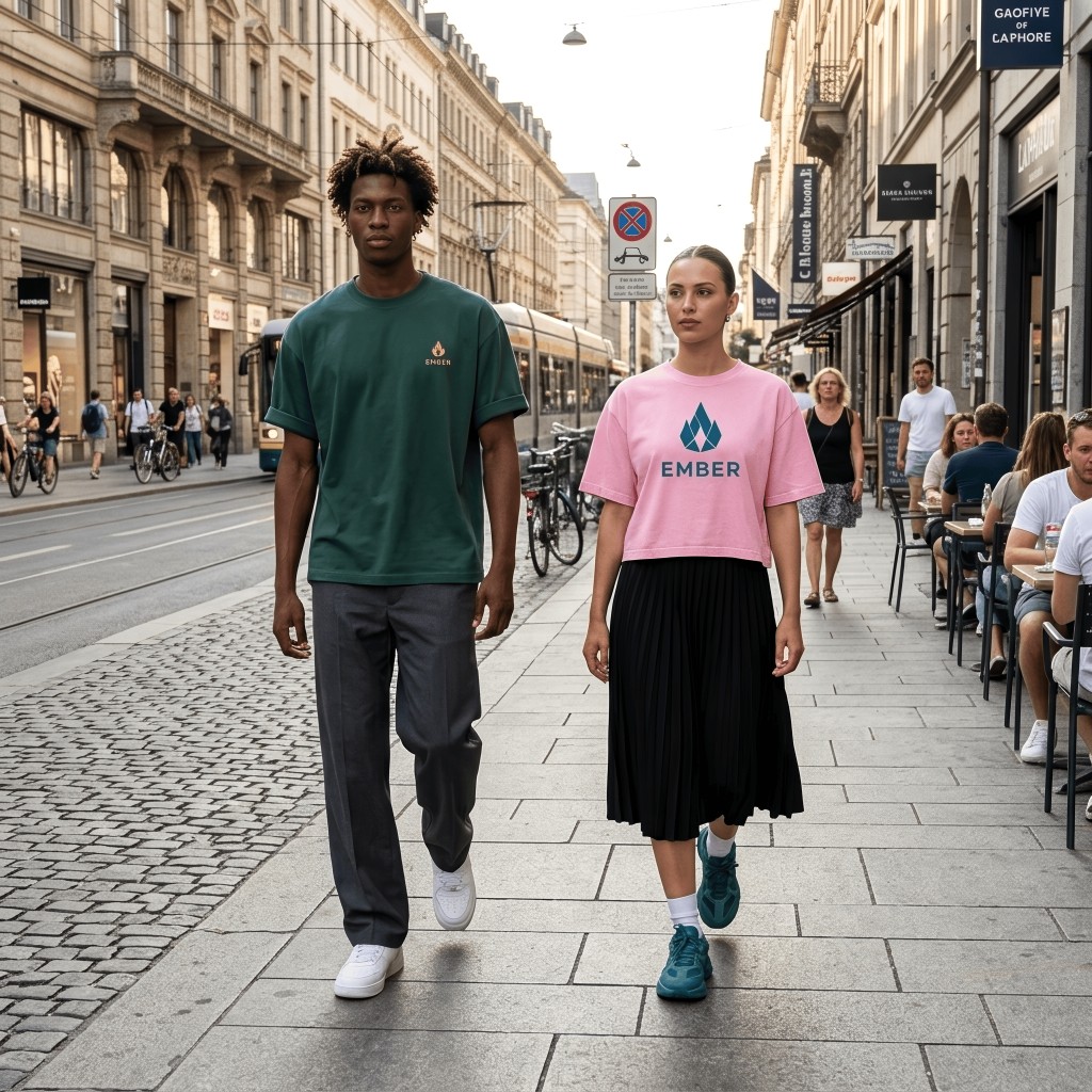 Models wearing Geometry collection on a city street