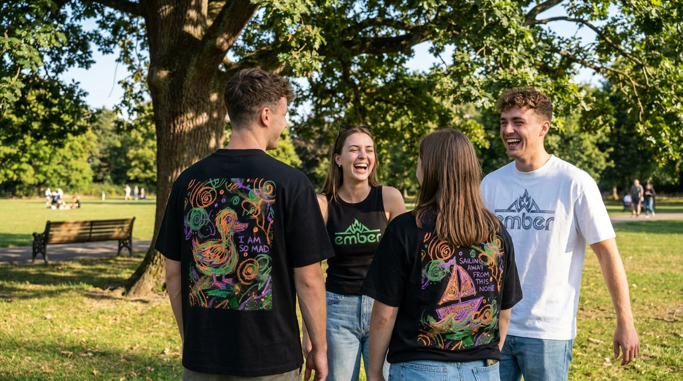 Friends wearing Sketch collection pieces in the park