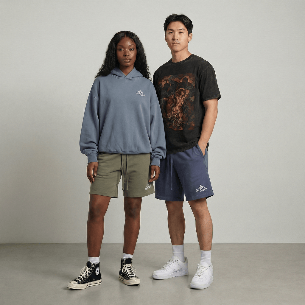 Two people in sporty Ember streetwear outdoors